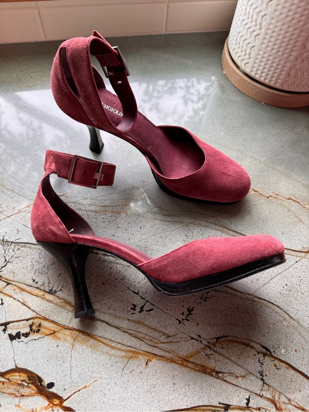 Vintage Enzo Angiolini Suede Ankle-Strap Pumps in Wine Red